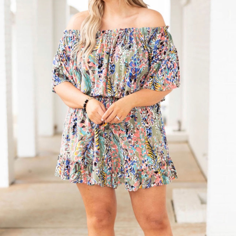 Green Plus Size Off Shoulder Floral Print Romper